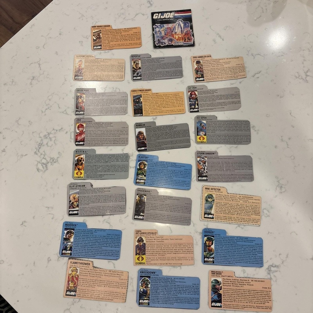 22 Vintage Hasbro G.I. Joe & COBRA File Cards 1980s + One Informational Fold Out